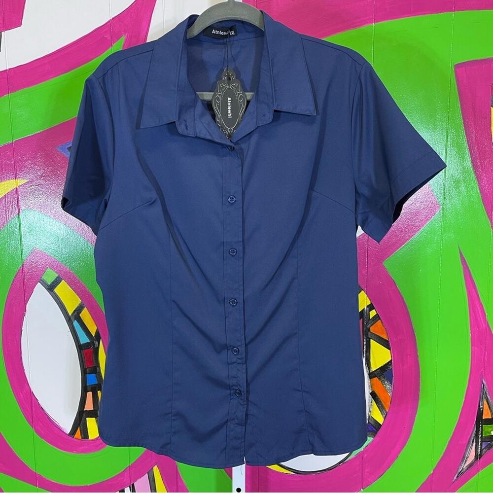 NWT Atnlewhi, Navy Blue Button Down Shirt. Size XXL.
